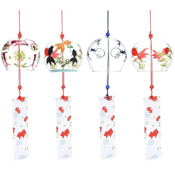 Wind Chime, Glass, Edo Wind Chime, Goldfish, Wind Chime, Book, Set of 4, Cool Feel, Summer Festival, Window and Roof Decoration, Great for Indoor and Outdoor Use, Gift, Ornament