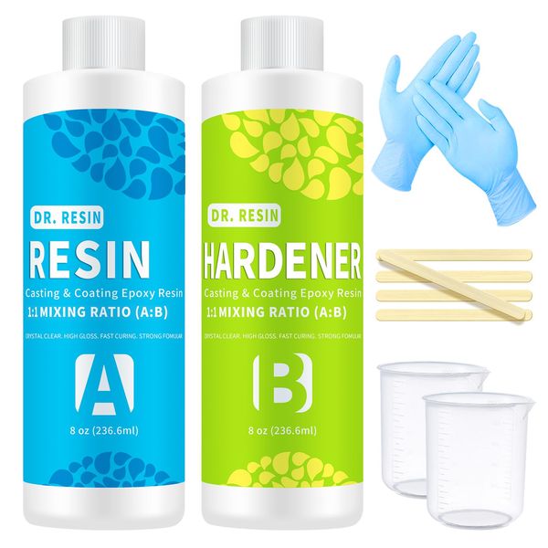 DR. RESIN Clear Epoxy Resin Kit Art Resin Kit 16 oz Jewelry Resin 2 Part Epoxy Resin with Measuring Cups Sticks Gloves