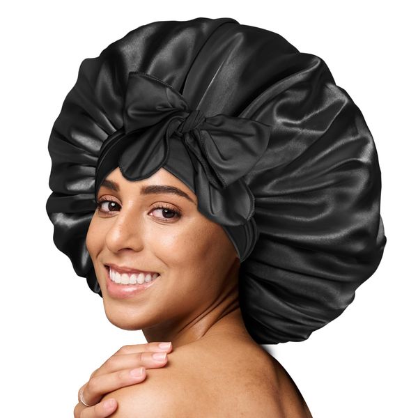 BONNET QUEEN Satin Hair Bonnet for Sleeping Silk Head Cover with Tie Band Hair Wrap Silk Sleep Cap for Curly Long Braid Tresse, Black