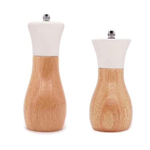 Tessie & Jessie Salt Grinder White Wooden Pepper Grinder Sea Salt And Pepper Grinders Set 5” And 6” Salt Mills of Oilcan Shaped For Blue Or White (Oilcan, White)…