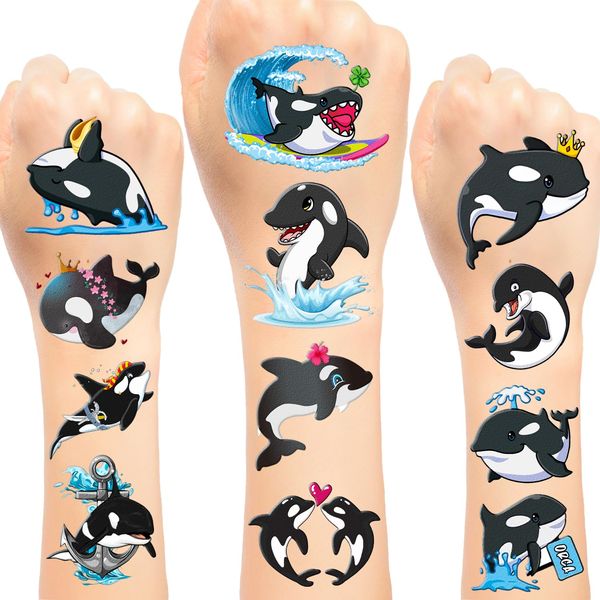 24 Blatt 144 Stück Orca temporäre Tattoos Aufkleber, Orca Killer Wal Party Favors Supplies Geburtstag Dekorationen Geschenke für Kinder Jungen Mädchen Klassenzimmer Belohnungen