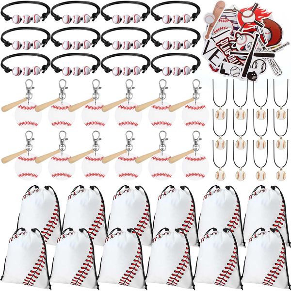 Cholemy 98 Pcs Baseball Party Favors Acrylic Baseball Key Chain with Wooden Bat Baseball Gifts for Team Baseball Drawstring Bag Stickers Charm Bracelets Necklace for Sports Baseball Party Supplies