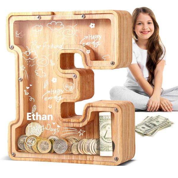 UBeesize Large Piggy Banks Twenty-Six English Alphabet Letter for Boys Girls, Wooden Personalized Bills and Coins Bank Money Box,DIY Name Birthday Gift,Bedroom Living Room Decoration(E)