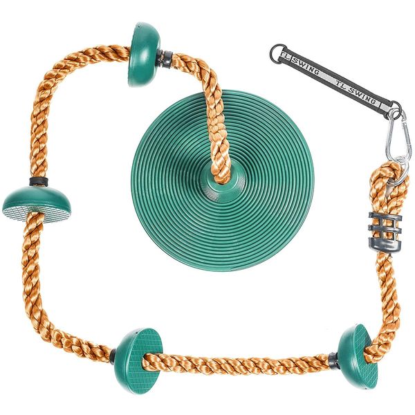 5 Star TD Climbing Rope Tree Swing with Platforms Green Disc Swing Seat - Outdoor Playground Set Accessories Tree House Flying Saucer Outdoor Toys Swing Set - Adjustable Height Climb Rope Up to 6.5 FT