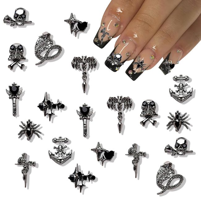 20pcs Alloy Skull Nail Charms Halloween Nail Charms for Acrylic Nails 3D Metallic Star Spider Nail Rhinestones with Gems Goth Dark Snake Cross Nail Jewelry for Women Girls Nail Supplies Decoration