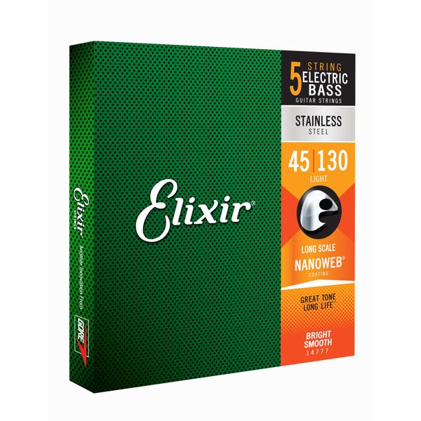 Elixir 14777 Strings Stainless Steel 5-String Bass Strings w NANOWEB Coating, Long Scale, Light (.045-.130)