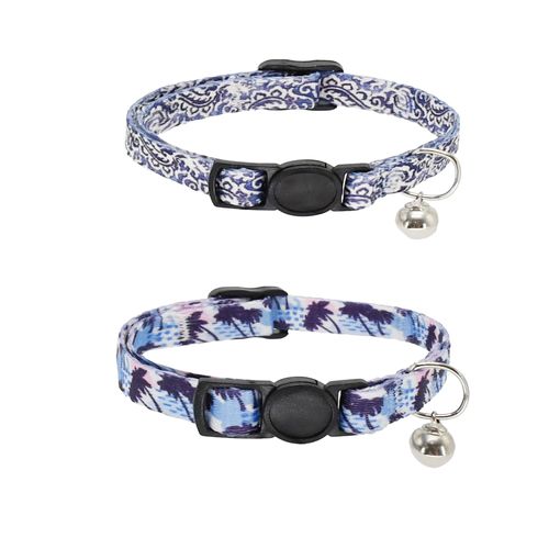 AIITLE Adjustable Breakaway Cat Collar 2-Pack, Detachable Safety Buckle & Lightweight Design for Indoor/Outdoor Use - Coconut Tree Print (Purple)