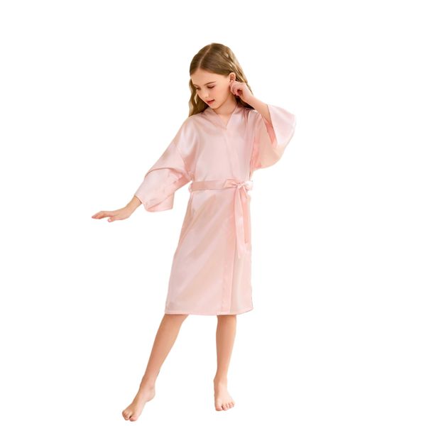 CuteOn Kids Girls Satin Silk Kimono Robe Dressing Gown Bathrobe Nightwear for Spa Wedding Birthday Party Dress Pink Size 9-11Years - (Height 130-145cm)