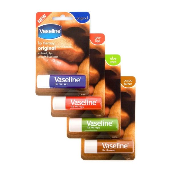 Vaseline Lip Therapy Stick with Petroleum Jelly (Original, Aloe Vera, Rosy Lips, Cocoa Butter)- 4pk