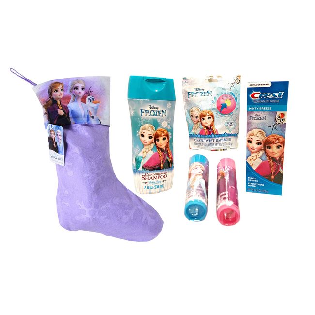 Frozen 2 Themed Stuff Stocking - Shampoo Berry Scented - Bath Bomb Fizzie - 2 Flavored Lip Gloss and Toothpaste 6 pc Bundle