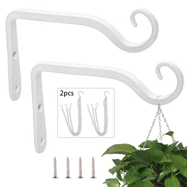 2Pack Wall Hanging Hooks, White Iron Wall Hanging Basket Brackets Plant Hooks with 2PCS Hanging Chains for Hanging Plants Lanterns Bird Feeders