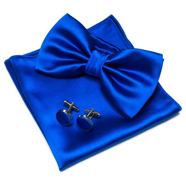 JEMYGINS Royal Blue Bow Tie Pre-tied Silk Bowtie and Pocket Square Cufflinks Sets for Men