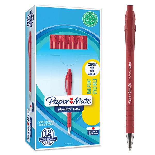 Paper Mate Flexgrip Ultra Retractable Ballpoint Pens | Medium Point (1.0mm) | Red | 12 Count