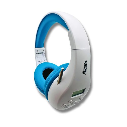 THINGS AUDIO Portable Personal FM Radio Headphones Pull-Out Antenna for Great Reception, Walking, Jogging, Relaxing, School, Talk Radio - Powered by 2AA Batteries (Not Included) (White & Blue)