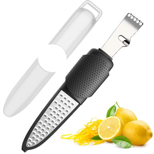 Pisol Zester-541, 4 in 1 Stainless Steel Lemon Citrus Orange Zester and Grater Tool, Cheese Grater & Vegetable Grater for Lime, Garlic, Ginger, Chocolate, Fruits, Dishwasher Safe, Black