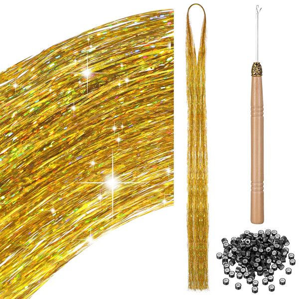 200 Haar Lametta mit Werkzeug Lametta Haarverlängerung Glitzer Haarteil zum Flechten Haarsträhne Kit für Frauen Mädchen Kinder Cosplay Party Zubehör (Gold)