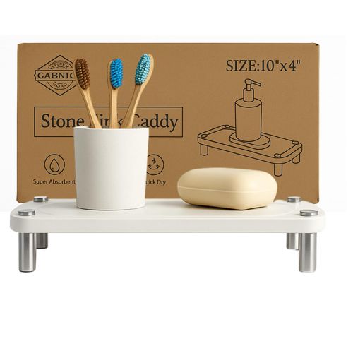 GABNICO Home Modern Cream Sink Caddy - Water Absorbing Diatomite Stone Tray - Stainless Steel Feet - Fast-Drying Stone Sink Tray for Kitchen Counter (10"X4")