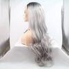 Ombre Gray 2 Tones Synthetic Lace Front Wig Dark Roots Long Loose Wave Silver Grey Replacement Hair Wigs For Women Heat Resistant Fiber Hair Half Hand Tied (24 Inch, loosewave/lace front wig)