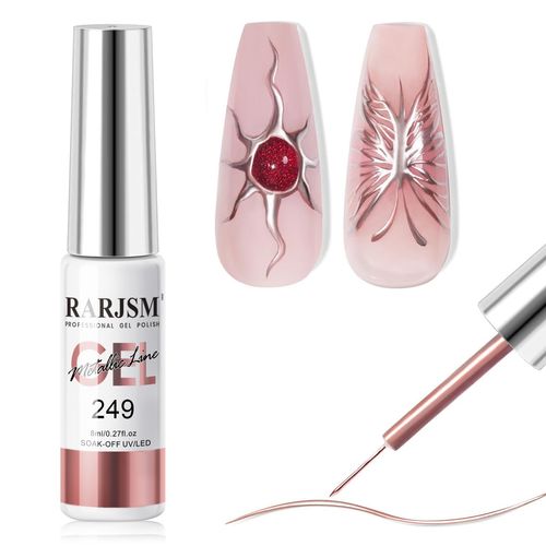 RARJSM Metallic Nail Art Gel Liner Rose Gold Mirror Chrome 3D Effect 8ml Build in Thin Brush Metal Painting Drawing Striper Thin Brush Gel Polish Soak off UV LED Curing Requires for Home Salon