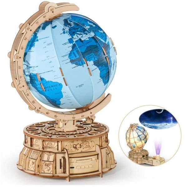 3D Wooden Puzzles USB Charging Illuminated Globe Music Box, w/Space Projector