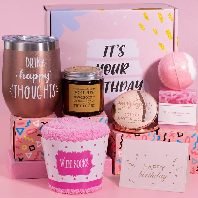 Birthday Gifts for Women, Valentines Day Gifts for Her Girlfriend BFF Mom  Wife Daughter Sister, Spa Gift Set for Women with Soy Wax Scented Candles,  Bath Bomb, 12oz Double Insulated Tumbler