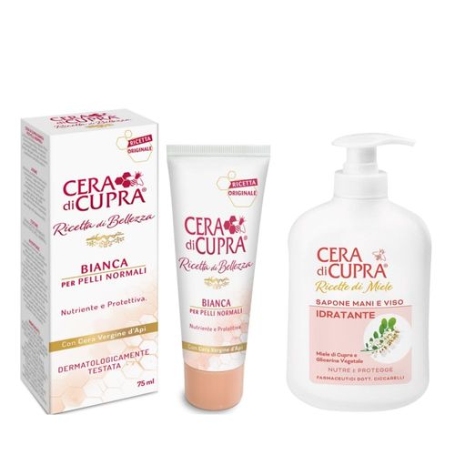 Cera di Cupra Feuchtigkeitscreme für normale Haut – weiße Gesichtscreme 75 ml + Hand- und Gesichtseife mit Honig 200 ml – pflegend und schützend mit Bienenwachs und pflanzlichem Glycerin