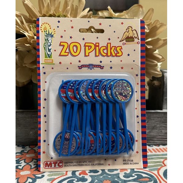 Patriotic Plastic Picks With Laser Sticker Round Blue, 20ea Package New Sealed
