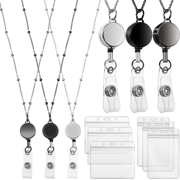 Retractable Badge Reel Lanyard with ID Holder, 3 Pieces Beaded Badge Lanyard Necklace with 6 Waterproof Name Card Holder Stainless Steel ID Holder Necklace for Women Men (Black, Gray, Silver)