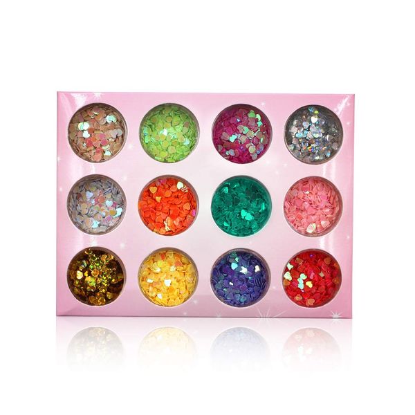 Minejin Nail Art Glitter Heart Shape Sequins Iridescent Colorful Confetti Chunky Flakes Tips Manicure 12 Colors