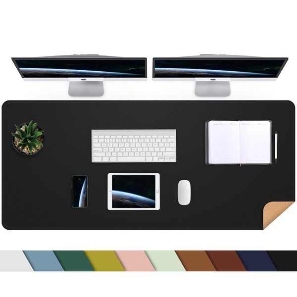 Large Desk Mat 47.2" x 17" Leather Desk Pad Protector with Natural Cork & PU Leather, Non-Slip Office Desk Mat, Double-Sided Mouse Pad, Waterproof Large Desk Pad for Office&Home(Black)