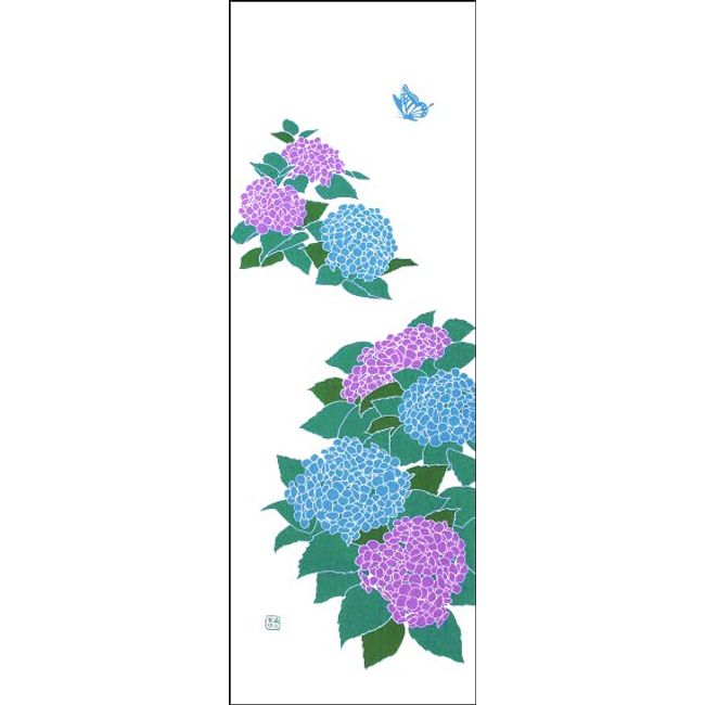 Dyed Anbo Tenugui "Hydrangea and Butterfly" Hand-dyed 100% Cotton, Tokioka, Made in Japan, 13.8 x 39.4 inches (35 x 100 cm)