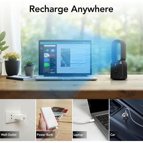 EZ-CHILL 14" Rechargeable Bladeless Tabletop Fan for Bedroom and Home, 5 Speed Settings, Display Screen, Non-Slip Feet, Ideal for Home Office, Quiet Operation, Black