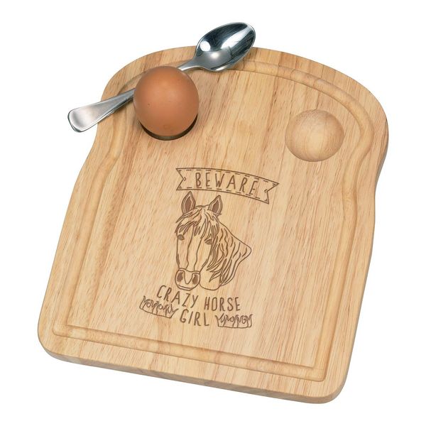 Beware Crazy Horse Girl Breakfast Dippy Egg Cup Board Wooden Easter