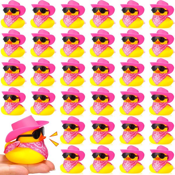 36 Set Cowboy Rubber Duck Mini Yellow Duckies Bath Party Toy Tiny Ducks Bathtub Toy with Cowboy Hat Paisley Bandanas Sunglasses for Summer Baby Shower Birthday Swimming Party (Bright Style)