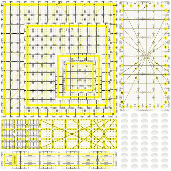 7 Piece Acrylic Quilting Ruler,Fabric Cutting Ruler, for Quilting, Sewing & Crafts Template, Double-Colored Grid Lines，with Non Slip Rings 50 Pieces