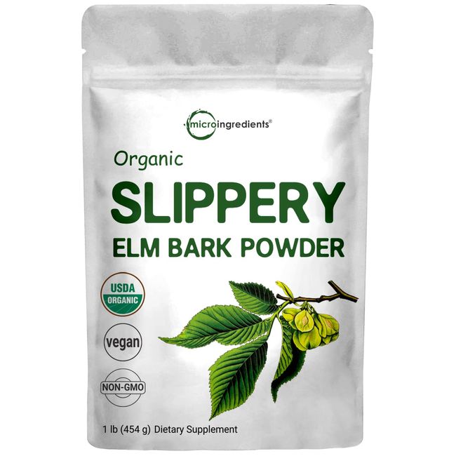 Micro Ingredients Sustainably US Grown, Organic Slippery Elm Bark Powder, 1 Pound (645 Servings), Helps Soothe The Throat and Coughing, No Irradiated, No Contaminated, No GMOs, Pet Friendly