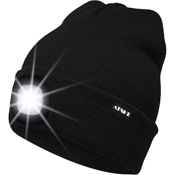 ATNKE LED Lighted Beanie Cap,USB Rechargeable Running Hat Ultra Bright 4 LED Waterproof Light Winter Warm Gifts for Men and Women/Black