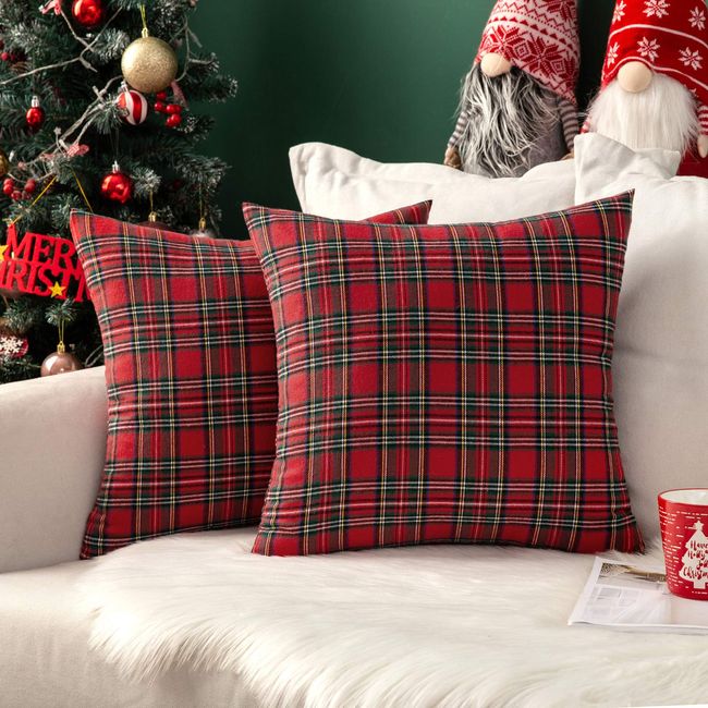 MIULEE Christmas Set of 2 Scottish Tartan Plaid Throw Pillow Covers Farmhouse Classic Decorative Square Cushion Cases for Home Decor Sofa Couch 18x18 Inch, Red