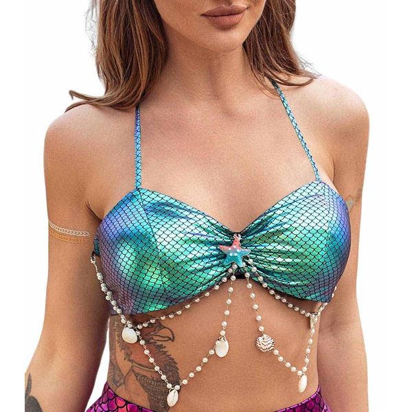 Edary Boho Mermaid Fish Scale Halter Top Metallic Sparkly Bikini Bra Top Tassel Shells Beach Top Tie Straps Halter Bra Swimwear for Women and Girls