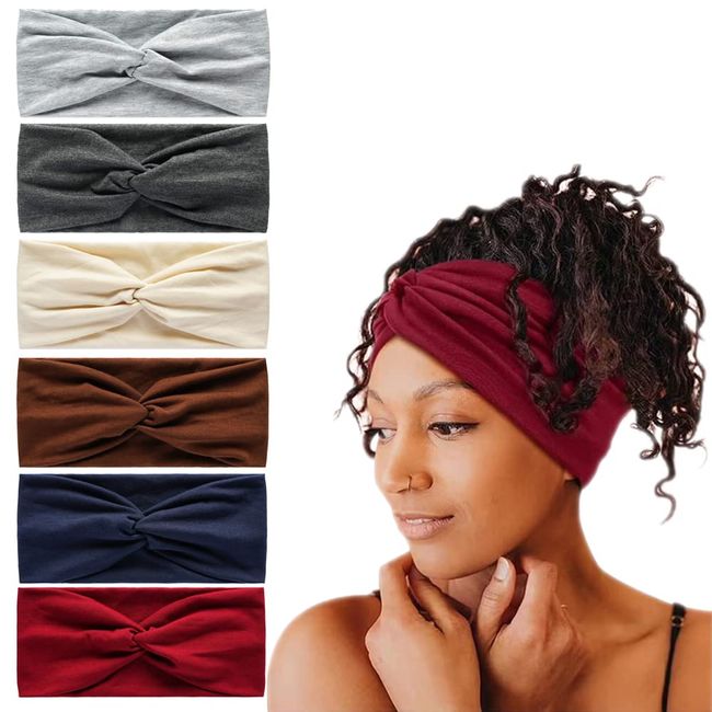 6Pcs Bandana Headbands for Women Wide Wavy Headscarf Boho Head Scarfs Wraps Turban Fabric Elastic Headband Yoga Hairbands Sport Running Headscarves (Solidcolours)