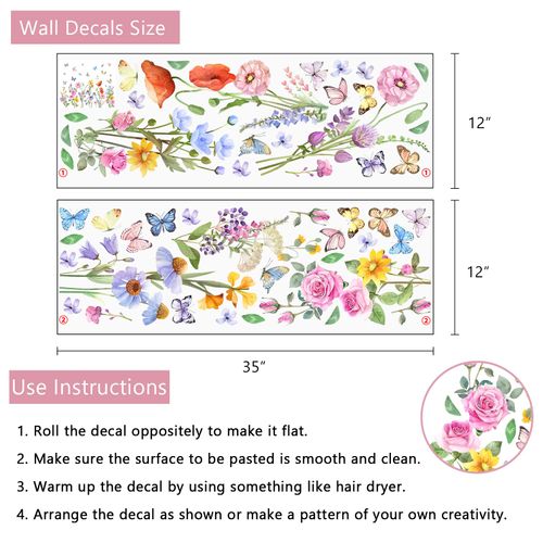 Yovkky Watercolor Wildflower Wall Decals Stickers, Rose Poppy Flowers Butterfly Home Girls Bedroom Decor, Spring Summer Floral Living Room Kitchen Decorations Art