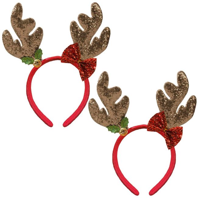 Christmas Reindeer Headband Glitter Reindeer Antlers Headbands Xmas Hair Band Headpiece Women Deer Bow Bell Hairband Hair Hoop Holiday Party Decoration Cosplay Costume Hair Accessories 2 Pack Coffee