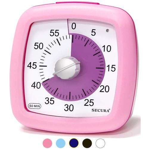 Secura 60-Minute Visual Timer, Silent Study Timer for Kids and Adults, Time Clocks, Time Management Countdown Timer for Teaching (Pink)