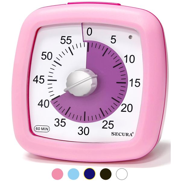 Secura 60-Minute Visual Timer, Silent Study Timer for Kids and Adults, Time Clocks, Time Management Countdown Timer for Teaching (Pink)