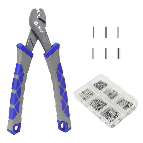 Booms Fishing Crimping Pliers Tool: 6.5in Crimper for Single Barrel - 300pcs Sleeves and Lanyard Included, XW41