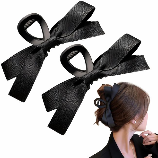 Black Hair Bow for Women - Elegant and Versatile Big Bow Hair Claw Clips for Formal Events and Daily Wear, Non-slip Design for Thick and Thin Hair, 2Pcs