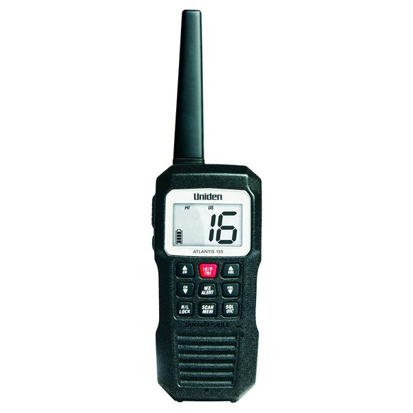 Uniden Atlantis 155 Handheld Two-Way VHF Marine Radio, Floating IPX8 Submersible Waterproof, Dual-Color Screen, All USA/International/Canadian Marine Channels, NOAA Weather Alert, 10 Hour Battery