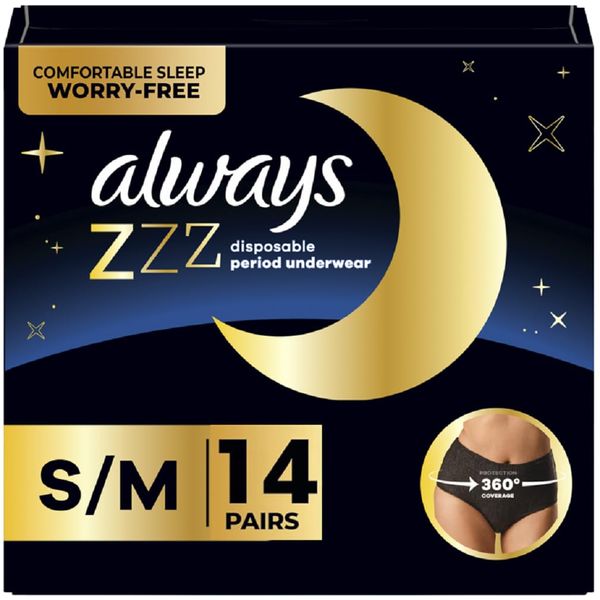 Always ZZZs Overnight Disposable Period Underwear for Women, Size S/M, Black Period Panties, Leakproof, 7 Count, Pack of 2 (14 Count Total)