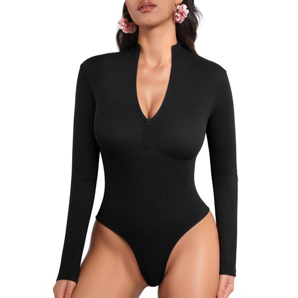 MANGOPOP Long Sleeve Thong bodysuit Shapewear Tummy Control Mock TurtleNeck Zip Up Bodysuits for Women Ribbed Seamless