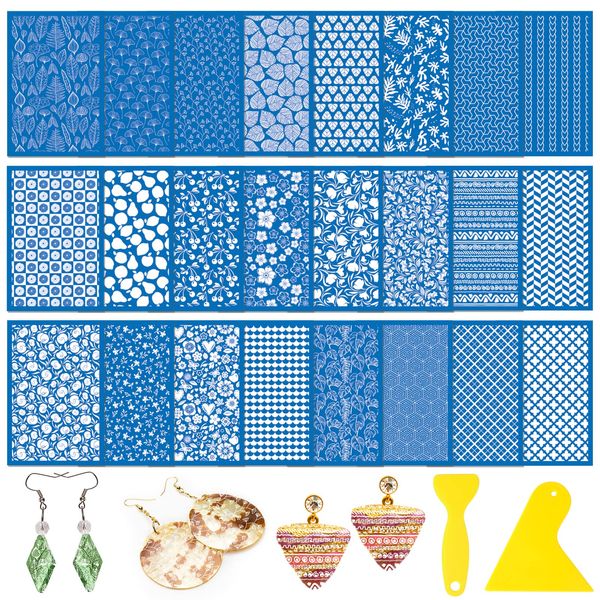 24 Pieces Silk Screen Stencils for Polymer Clay Cutter Tools Reusable Silkscreen Print Kit DIY Craft Earring Jewelry Making Supplies Screen Stencils Reusable with 2 Squeegees, 3.9 x 6''